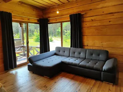 a living room with a leather couch in front of windows at Piglet house in Alytus