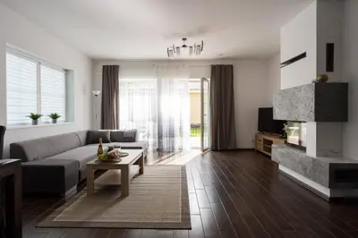 a living room with a couch and a fireplace at 1 House Between two lakes in Vilnius