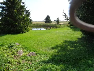 a park with a bench in the grass next to a lake at Sodyba Skardupiai in Vidgiriai