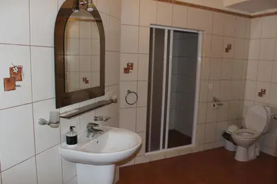 a bathroom with a sink and a shower and a toilet at Liškiavos vienuolyno ansamblis in Liškiava