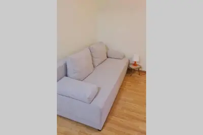 a white couch sitting in a living room at Butas Ignalinos centre poilsiui ir darbostogoms in Ignalina