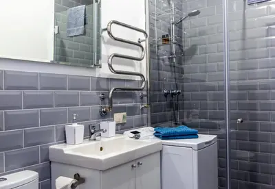 a bathroom with a sink and a shower at à la fontaine in Druskininkai