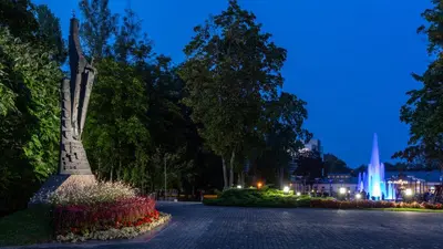a statue in the middle of a park at night at à la fontaine in Druskininkai