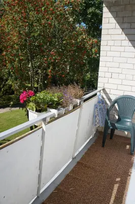a blue chair sitting next to a fence with flowers at Mildos butas in Birštonas
