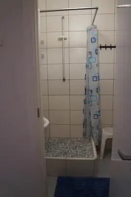 a bathroom with a shower with a shower curtain at Mildos butas in Birštonas