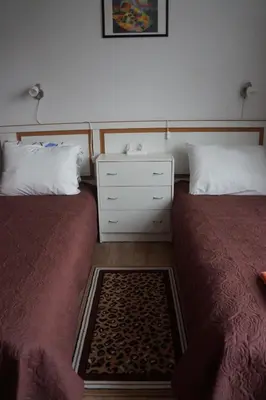 two beds sitting next to each other in a room at Mildos butas in Birštonas