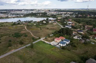 an aerial view of a town next to a river at 3 Apartment Between two lakes in Vilnius