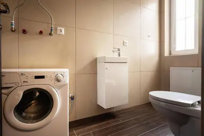 a bathroom with a washing machine and a toilet at 2 House Between two lakes in Vilnius