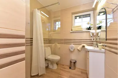 a bathroom with a toilet and a sink and a mirror at Panorama in Trakai