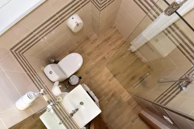 a small bathroom with a toilet and a shower at Panorama in Trakai