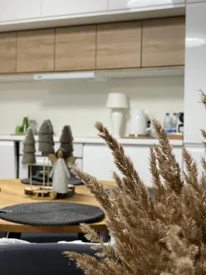 a living room with a table and a christmas tree at Forest Studio in Druskininkai