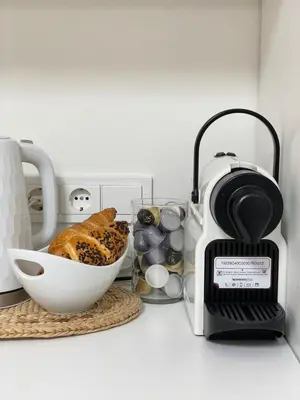 a kitchen counter with a toaster and a bowl of food at Forest Studio in Druskininkai