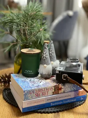 a pile of books sitting on a table with a christmas tree on top at Forest Studio in Druskininkai