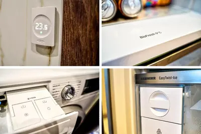 a collage of photos with a microwave and an appliance at Kaunas City Center Deluxe in Kaunas