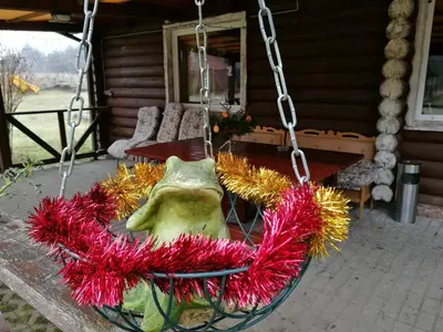 a swing with a frog in a wreath on a porch at Likimo ratas in Paliepis