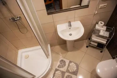 a small bathroom with a sink and a shower at Vingis in Marijampolė