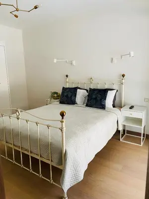 a bedroom with a large white bed with blue pillows at Greenwood apartments in Druskininkai