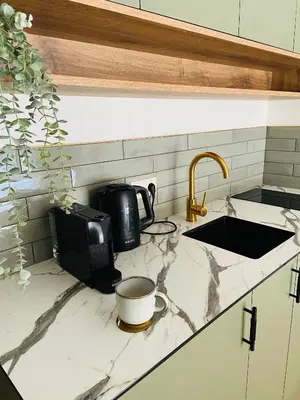 a kitchen counter with a sink and a coffee maker at Greenwood apartments in Druskininkai