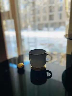 a coffee cup sitting on a table next to a window at Greenwood apartments in Druskininkai