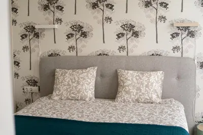 a bedroom with a bed with a headboard and wallpaper at Apartment in Druskininkai City Centre in Druskininkai