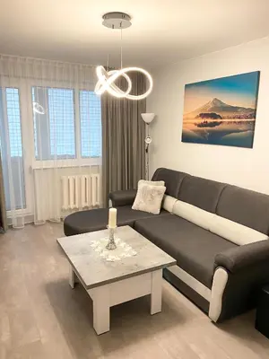a living room with a couch and a table at Studio flat in Panevezys in Panevėžys