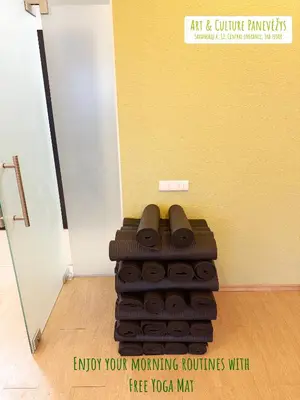 a stack of yoga mats in a room at Art & Culture Panevėžys in Panevėžys