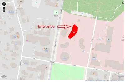 a map with a red arrow that says entrance at Apartment DoMiSol in Druskininkai
