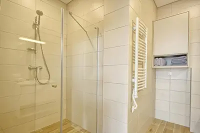 a bathroom with a shower and a glass shower stall at Apartment DoMiSol in Druskininkai