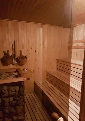 a sauna with wooden walls and benches in a room at Molynė in Kaulakiai