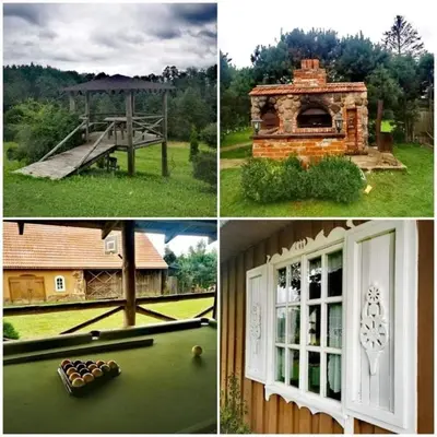 four different pictures of a house and a pool table at Molynė in Kaulakiai