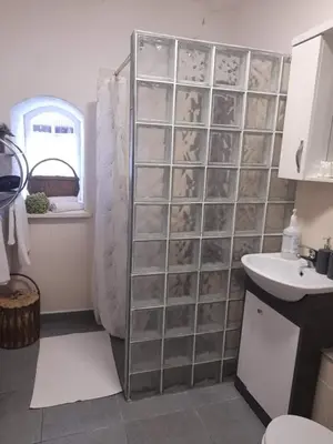 a bathroom with a shower and a sink at Molynė in Kaulakiai