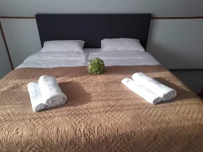 a bed with two towels and a plant on it at Molynė in Kaulakiai