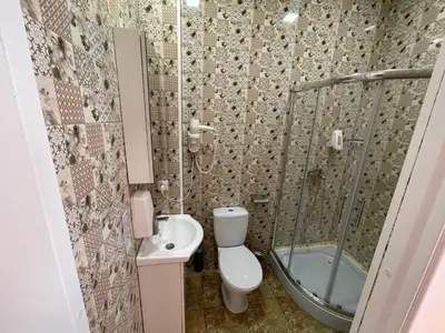 a bathroom with a toilet and a shower and a sink at Mr Jo’s hostel in Kaunas