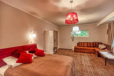 a bedroom with a large bed and a couch at Vilhelmhaus in Dėdeliškės