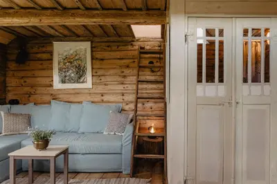 a living room with a blue couch and wooden walls at Vienkiemio Oazė - Namelis Prie Upelio in Galvokai