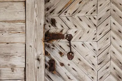 a wooden door with a rusty door knocker on it at Vienkiemio Oazė - Namelis Prie Upelio in Galvokai