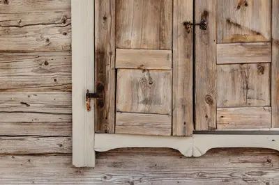 a wooden door on the side of a building at Vienkiemio Oazė - Namelis Prie Upelio in Galvokai