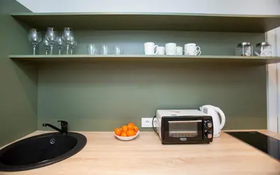 a kitchen counter with a microwave and a bowl of oranges at Groundfloor Apartment on the Green Hill in Kaunas