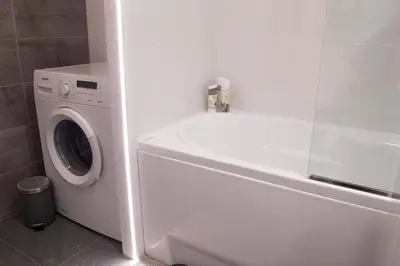 a white washer and dryer in a bathroom at Siauliai Apartments - Lieporiu in Šiauliai