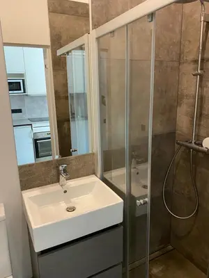 a bathroom with a sink and a shower at Happy Kaunas in Kaunas