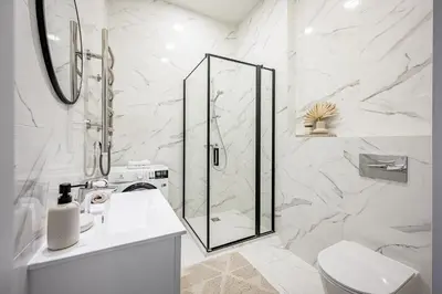 a bathroom with a shower and a toilet and a sink at Vilnius Old-Town Renaissance Studios in Vilnius