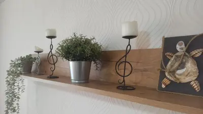a shelf with two lamps and a potted plant on it at Lake apartment in Visaginas
