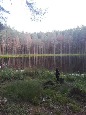 a person standing in front of a body of water at Lake apartment in Visaginas