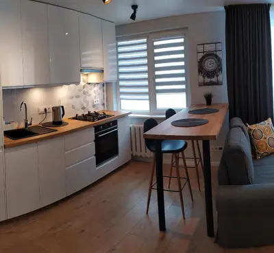 a kitchen and living room with a table and a couch at Studija Alytuje in Alytus