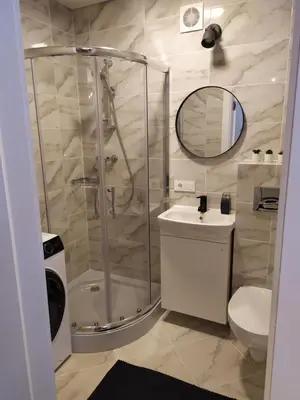 a bathroom with a shower and a toilet and a sink at Studija Alytuje in Alytus