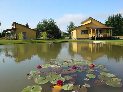 a pond with lily pads in front of a house at MĖTA in Birštonas