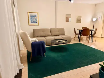 a living room with a couch and a green rug at Cozy Center Druskininkai in Druskininkai