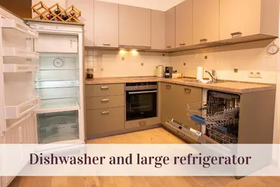 a kitchen with a dishwasher and a large refrigerator at Cozy Center Druskininkai in Druskininkai