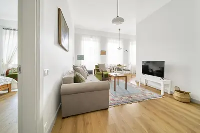 a living room with a couch and a tv at Bright and Warm Apartment, Vilnius City Centre in Vilnius
