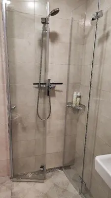 a shower with a glass door in a bathroom at Adelės apartamentai in Druskininkai